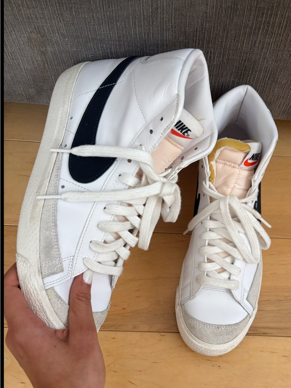 Nike Women’s  White High-Top Sneakers with Black Swoosh and Beige Tongue